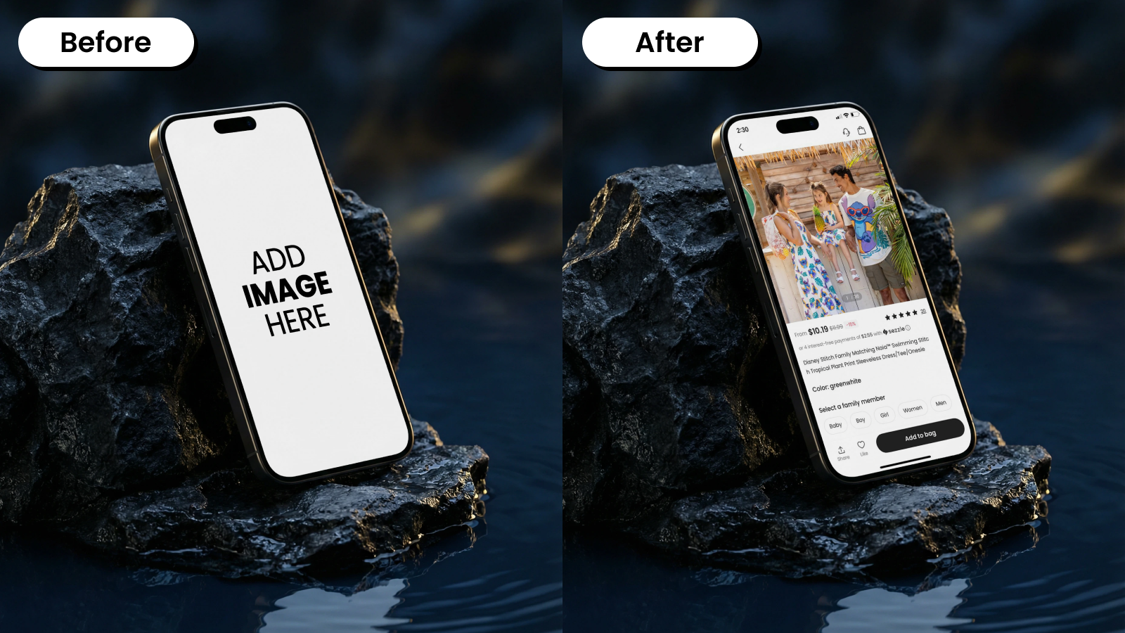 Before and after iPhone mockup on a rock, showing an app product page
